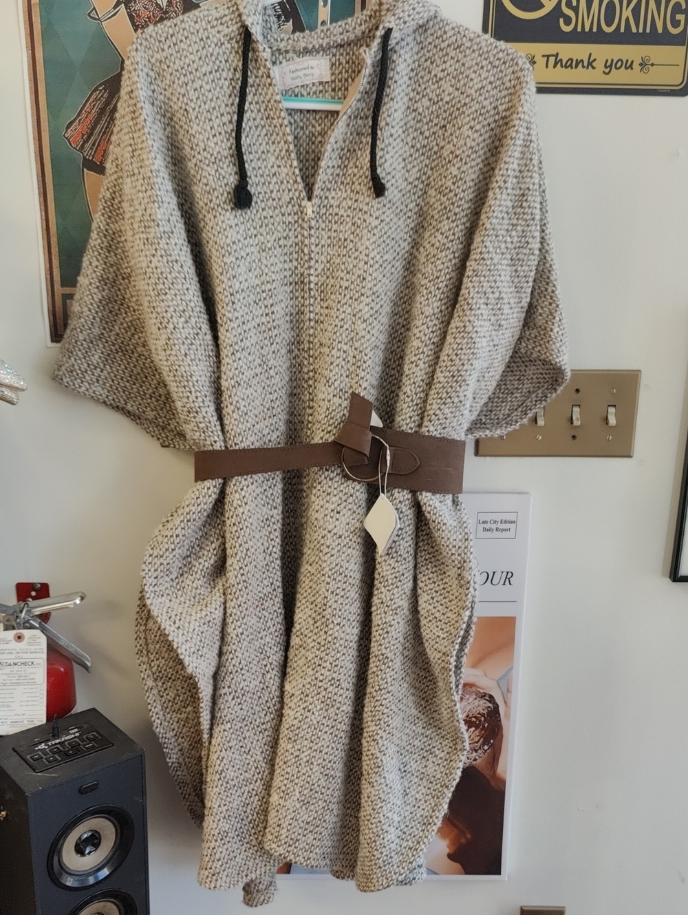 Hooded Knit Poncho in Heathered Cream with Brown Belt